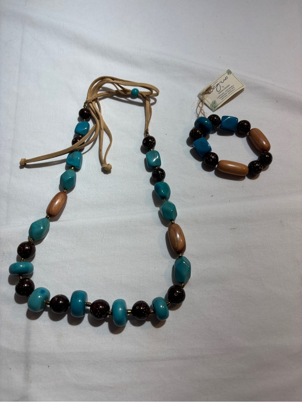 Handcrafted Turquoise & Wood Bead Necklace and Bracelet Set - Tagua